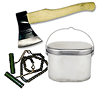 Костровое и бивачное снаряжение : Костровое оборудование: котлы, вставки, тросики, топоры, пилы, таганки, лопатки